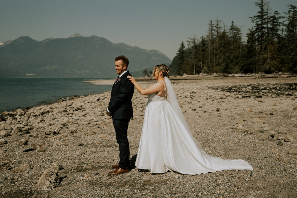 furry creek wedding on the beach for a first look